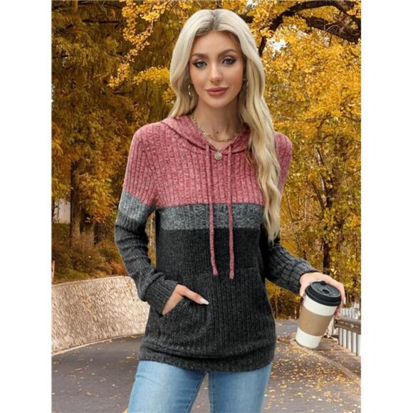 Women Color Block Hoodie Sweatshirt Long Sleeve Pullover Pocket Casual Tops - Picture 5 of 8